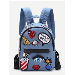 Светло-синий мини рюкзак с молнией с карикатурной аппликацией