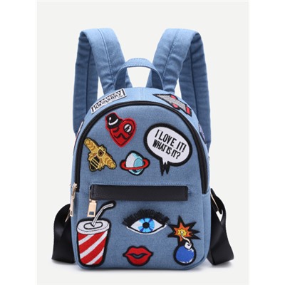 Светло-синий мини рюкзак с молнией с карикатурной аппликацией