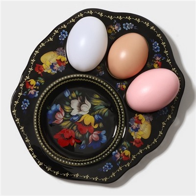 Подставка стеклянная для яиц Доляна «Жостовская роспись», 3 ячейки, 21×18 см, цвет чёрный