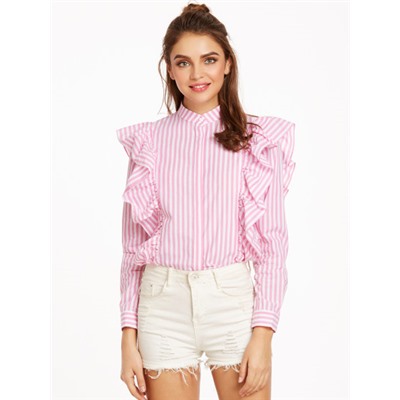 розовая вертикально- полосатая блуза с воланом и кнопками