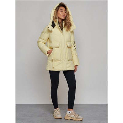 Зимняя женская куртка модная с капюшоном желтого цвета 589827J