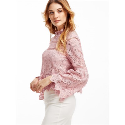 Розовая модная кружевная блуза. рукав клеш