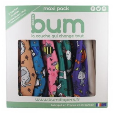 Bum diapers Maxi Pack 6 Couches Lavables Animaux + 12 Inserts de 0 ? 3 ans