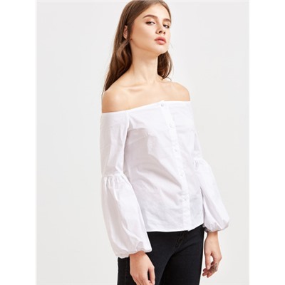 Белая модная блуза с открытыми плечами, рукав-фонарик