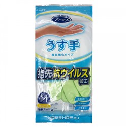 Тонкие хозяйственные перчатки из ПВХ с хлопковым покрытием зеленые Antiviral S.T. Corp (размер М), Япония Акция