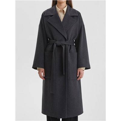 Пальто с объемными карманами и поясом, тёмно-серый