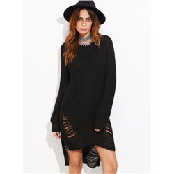 Чёрное асимметричное рваное платье-свитер