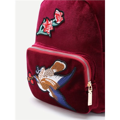 Каштановый бархатный рюкзак с вышивкой птицы