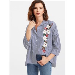 Синяя модная блуза в полоску с цветочной вышивкой