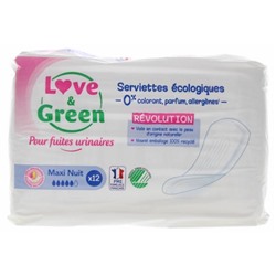 Love and Green pour Fuites Urinaires Serviettes ?cologiques Maxi Nuit 12 Serviettes