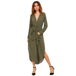 Зеленый отворотом Self-Tie High Low шифоновое платье с накладными карманами
