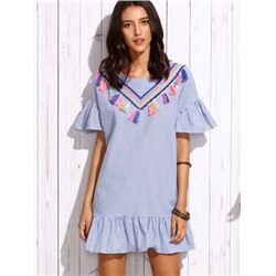 Сине-белое полосатое платье с вышивокй с бахромой с воланами