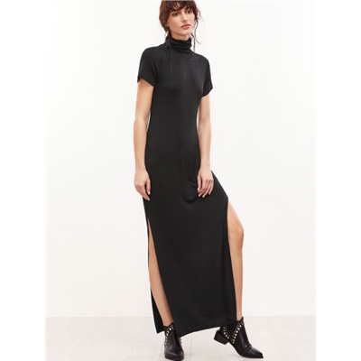 Чёрное модное платье с разрезом на спине