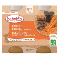 Babybio Carotte Pruneau d Agen Boeuf Fermier de Nouvelle-Aquitaine 8 Mois et + Bio 2 Pots de 200 g
