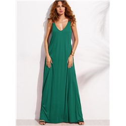 Зелёное модное макси платье без рукавов с V-образным вырезом