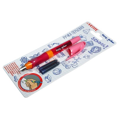 Ручка перьевая ШКОЛЬНАЯ, deVENTE Easy Writer M, с 2-мя баллончиками 0,8 мл, синие чернила, розовый корпус