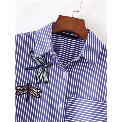 Синяя асимметричная полосатая блуза с цветочной вышивкой