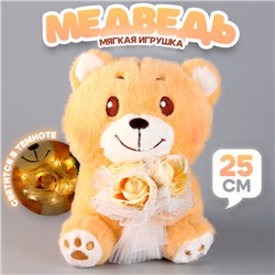 Мягкая игрушка «Медведь с букетом», 25 см, с гирляндой