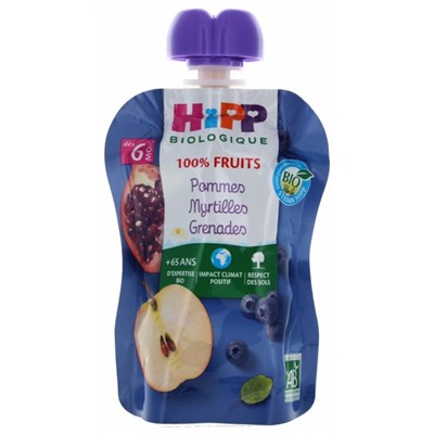 HiPP 100% Fruits Gourde Pommes Myrtilles Grenades d?s 6 Mois Bio 90 g