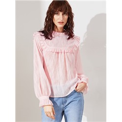 Розовая модная блуза с кнопками с оборкой
