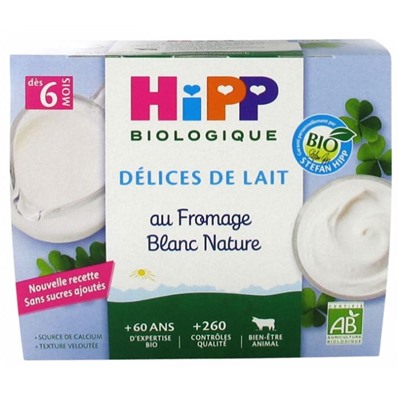 HiPP D?lices de Lait au Fromage Blanc Nature Sucr? d?s 6 Mois Bio 4 Pots
