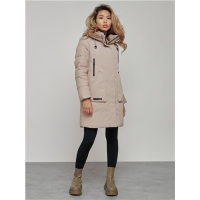 Зимняя женская куртка молодежная с капюшоном коричневого цвета 589006K