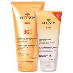 Nuxe Sun Lait D?licieux Haute Protection Visage et Corps SPF30 150 ml + Shampoing Douche Apr?s-Soleil Corps et Cheveux 100 ml Offert