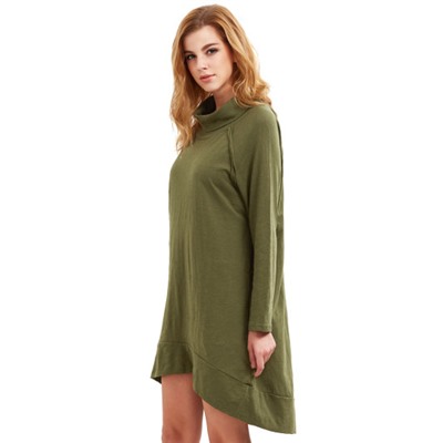 Army Green клобук шеи длинным рукавом платье Высокая Низкая