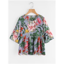 Модная блуза с цветочным принтом, рукав клёш