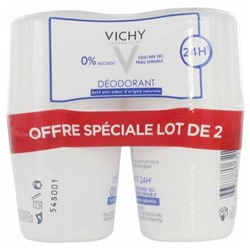 Vichy D?odorant 24H Toucher Sec Peau Sensible Roll-On Lot de 2 x 50 ml
