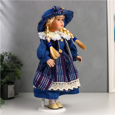 Кукла коллекционная керамика "Сашенька в ярко-синем наряде в клетку" 40 см