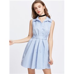 Синее модное платье-рубашка в полоску с поясом
