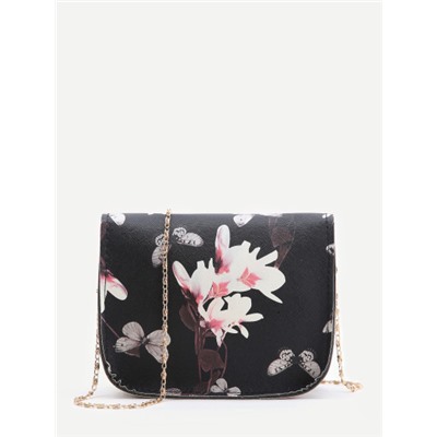 Чёрная модная сумка на цепочке с цветочным принтом
