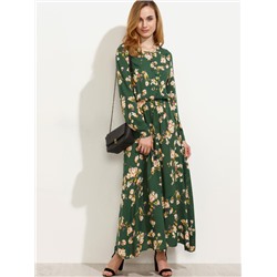 Зелёное длинное платье с цветочным принтом. длинный рукав