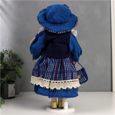 Кукла коллекционная керамика "Сашенька в ярко-синем наряде в клетку" 40 см