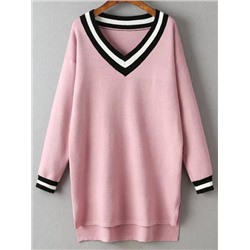 Розовое асимметричное платье-свитер с разрезом