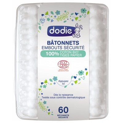 Dodie B?tonnets Embouts S?curit? 100% Coton Bio Tige Papier 60 B?tonnets