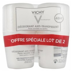 Vichy D?odorant Anti-Transpirant 48H Peaux Sensibles ou Epil?es Roll-On Lot de 2 x 50 ml