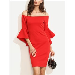 Красное модное облегающее платье с воланами с открытыми плечами