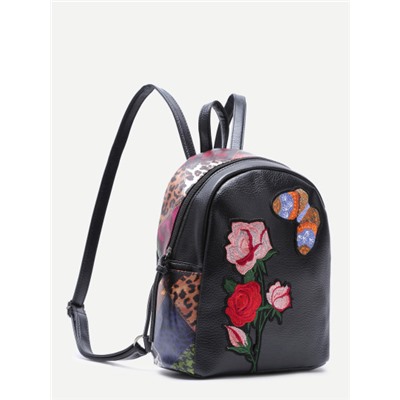 чёрный кожаный рюкзак с вышивкой бабочки и розы