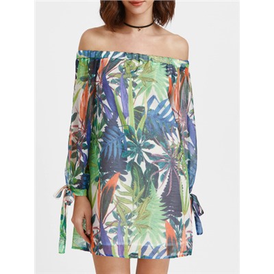 Тропический платье печати с кружевными рукавами и плечи с воздухом - многоцветные
