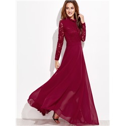 Бордовое модное макси платье с кружевной вставкой