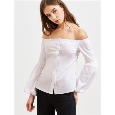 Белая модная блуза с открытыми плечами, рукав-фонарик