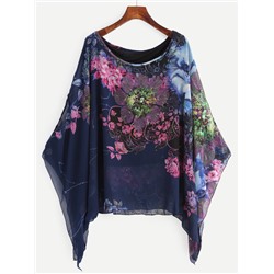 Стильная блуза-пончо с цветочным принтом