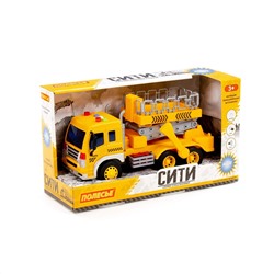 323034 Полесье "Сити", автомобиль с подъёмником инерционный (со светом и звуком) (жёлтый) (в коробке)