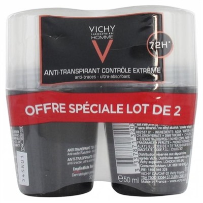 Vichy Homme D?odorant Anti-Transpirant 72H Contr?le Extr?me Roll-On Lot de 2 x 50 ml