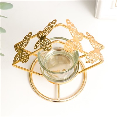 Подсвечник металл, стекло на 1 свечу "Ромб с бабочками" d-4 см золото 7,5х11х11,5 см