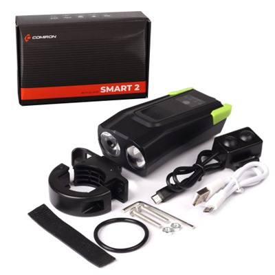 Фонарь передний  интеллектуальный COMIRON "SMART2" ABS; свет: 2xT6, 800lm 2000 mAh, USB; ближний/дальний свет, сигнал 120Дб 5 режимов, зелёный /уп 50/