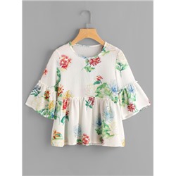 Модная блуза с цветочным принтом, рукав клёш