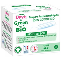 Love and Green Tampons Hypoallerg?niques 100% Coton Bio 16 Tampons Super sans Applicateur